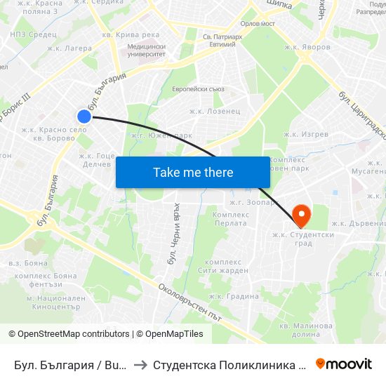 Бул. България / Bulgaria Blvd. (0290) to Студентска Поликлиника 5 Поликлиника – 5 Дкц map
