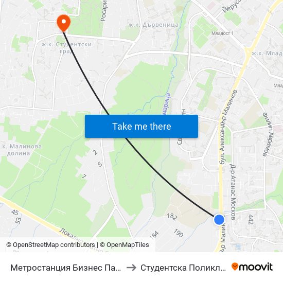 Метростанция Бизнес Парк / Business Park Metro Station (2490) to Студентска Поликлиника 5 Поликлиника – 5 Дкц map