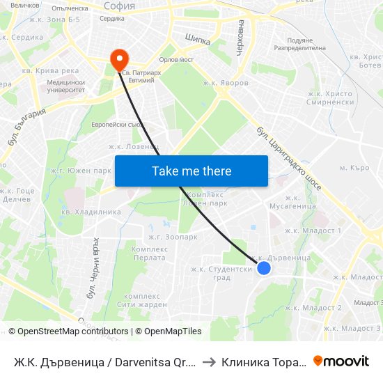 Ж.К. Дървеница / Darvenitsa Qr. (0800) to Клиника Торакс-2 map