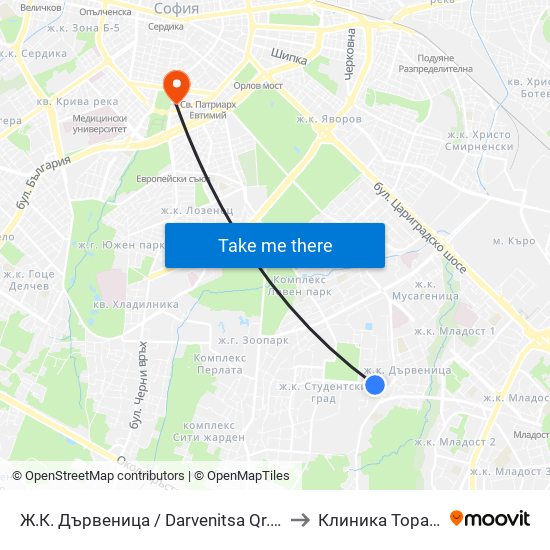 Ж.К. Дървеница / Darvenitsa Qr. (0801) to Клиника Торакс-2 map
