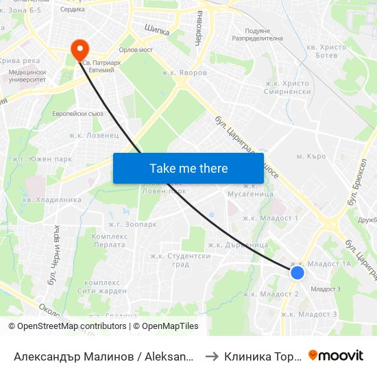 Александър Малинов / Aleksandar Malinov to Клиника Торакс-2 map