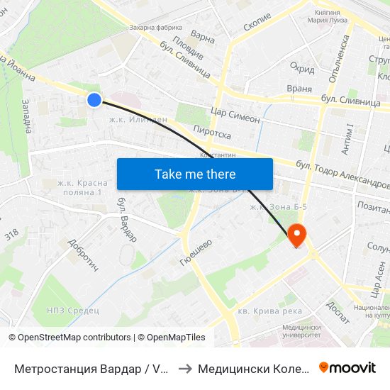Метростанция Вардар / Vardar Metro Station (1045) to Медицински Колеж ""Й. Филаретова"" map
