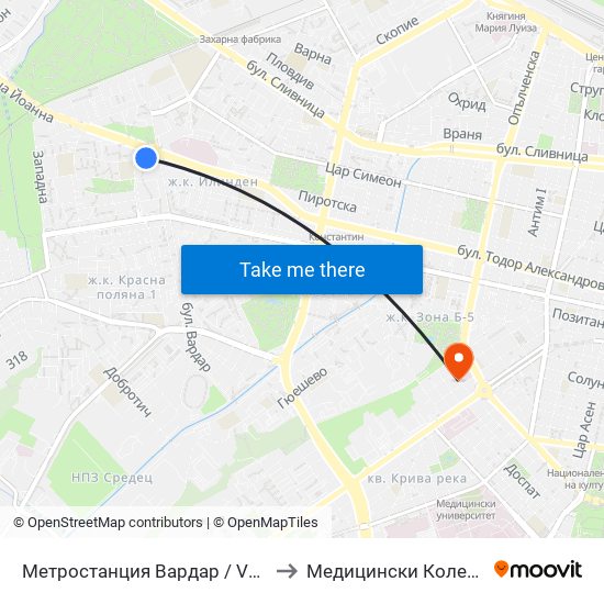 Метростанция Вардар / Vardar Metro Station (1046) to Медицински Колеж ""Й. Филаретова"" map