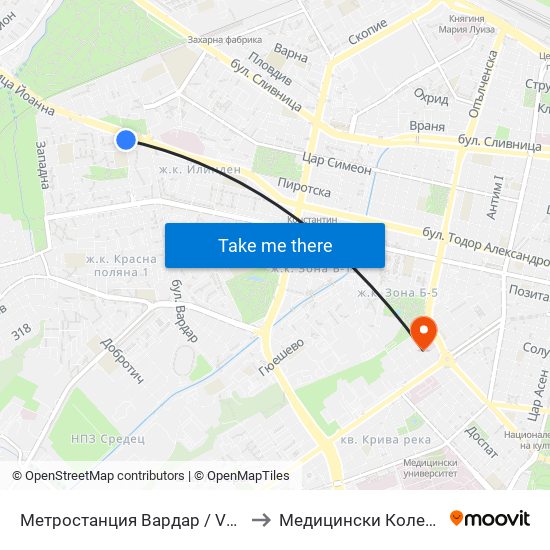 Метростанция Вардар / Vardar Metro Station (2572) to Медицински Колеж ""Й. Филаретова"" map