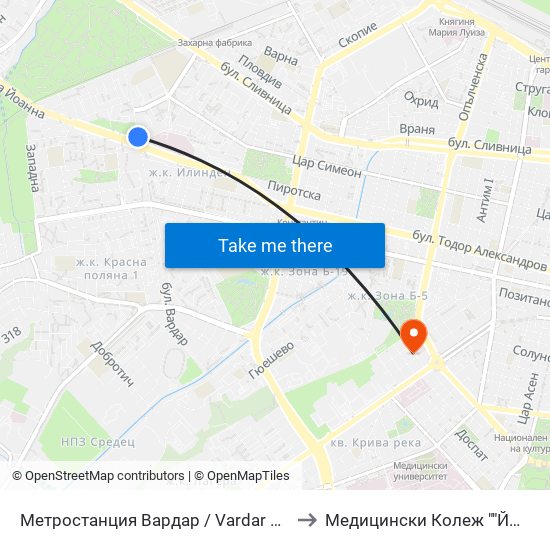 Метростанция Вардар / Vardar Metro Station (1047) to Медицински Колеж ""Й. Филаретова"" map