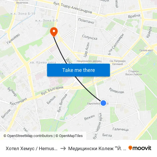 Ⓜ️ Хотел Хемус / Hemus Hotel (2329) to Медицински Колеж ""Й. Филаретова"" map