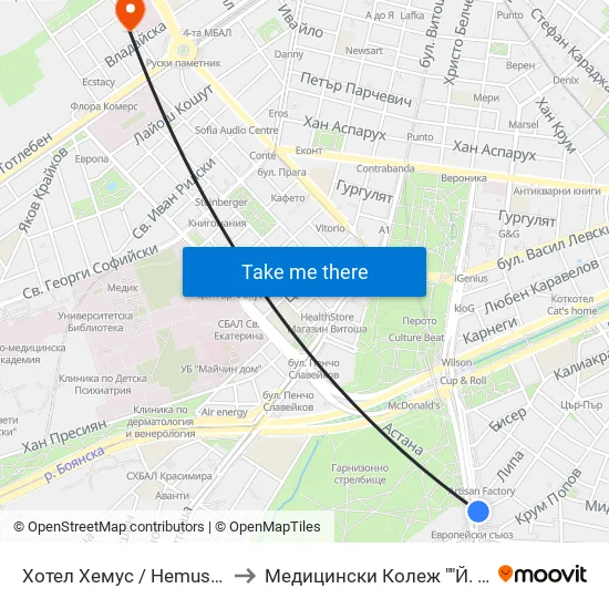 Ⓜ️ Хотел Хемус / Hemus Hotel (2330) to Медицински Колеж ""Й. Филаретова"" map