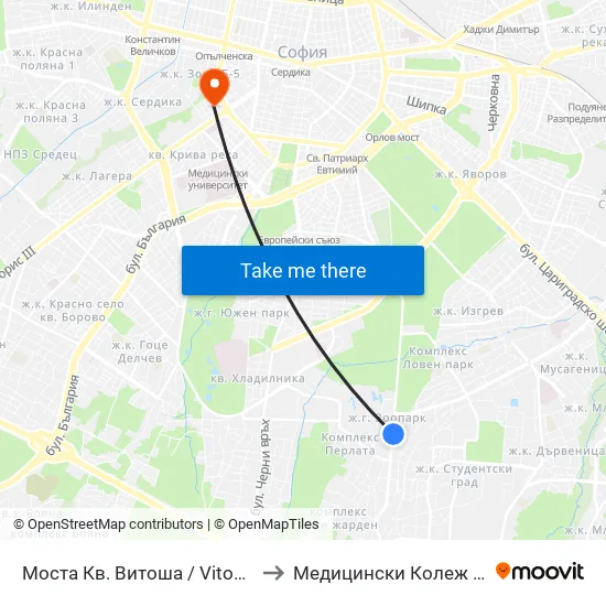 Моста Кв. Витоша / Vitosha the Bridge (1076) to Медицински Колеж ""Й. Филаретова"" map