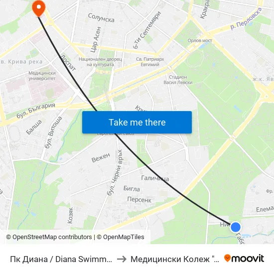 Пк Диана / Diana Swimming Complex (1342) to Медицински Колеж ""Й. Филаретова"" map
