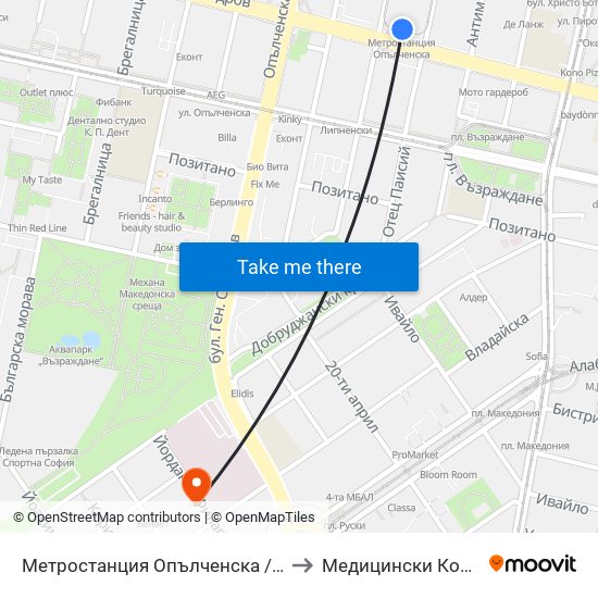 Метростанция Опълченска / Opalchenska Metro Station (1058) to Медицински Колеж ""Й. Филаретова"" map