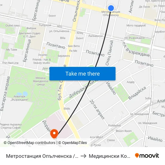 Ⓜ️ Метростанция Опълченска / Opalchenska Metro Station (1058) to Медицински Колеж ""Й. Филаретова"" map