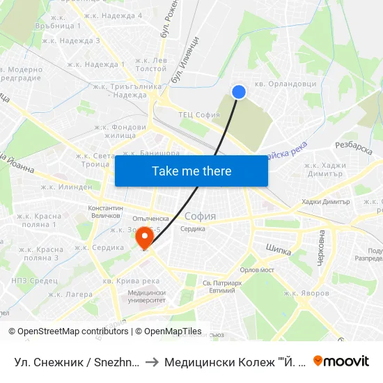Ул. Снежник / Snezhnik St. (2176) to Медицински Колеж ""Й. Филаретова"" map