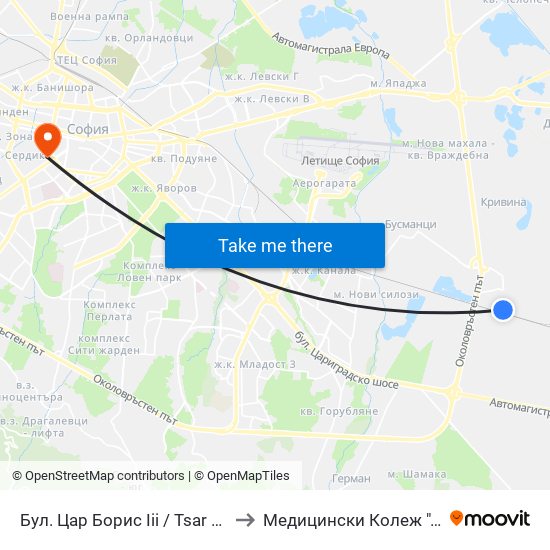 Бул. Цар Борис Ііі / Tsar Boris III Blvd. (2244) to Медицински Колеж ""Й. Филаретова"" map