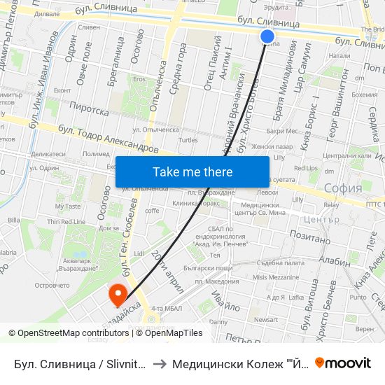 Бул. Сливница / Slivnitsa Blvd. (0376) to Медицински Колеж ""Й. Филаретова"" map