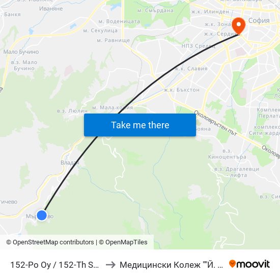 152-Ро Оу / 152-Th School (2283) to Медицински Колеж ""Й. Филаретова"" map