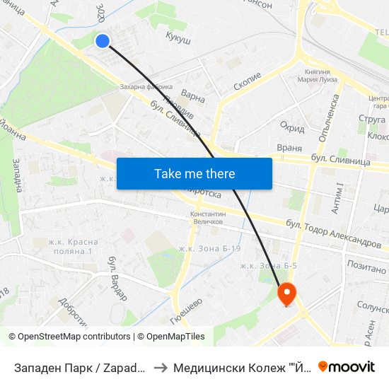 Западен Парк / Zapaden Park (1252) to Медицински Колеж ""Й. Филаретова"" map