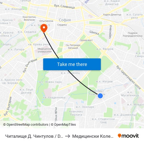 Читалище Д. Чинтулов / D. Chintulov Library (2365) to Медицински Колеж ""Й. Филаретова"" map