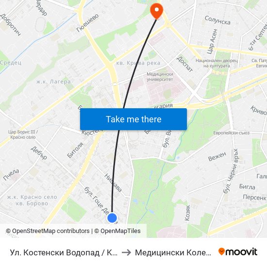 Ул. Костенски Водопад / Kostenski Vodopad (2011) to Медицински Колеж ""Й. Филаретова"" map