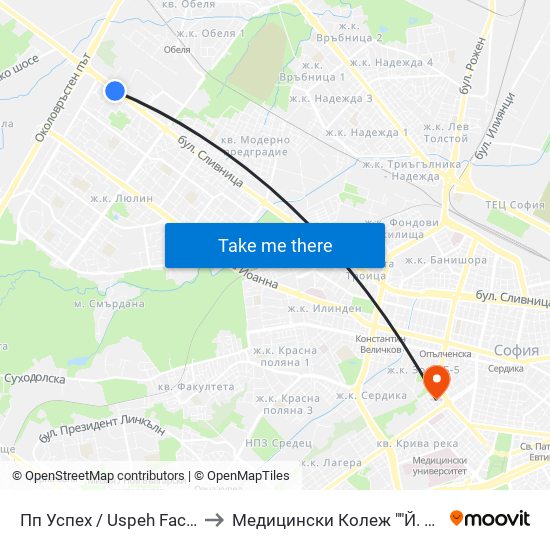 Пп Успех / Uspeh Factory (1751) to Медицински Колеж ""Й. Филаретова"" map