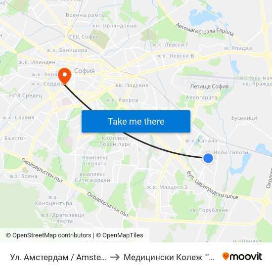 Ул. Амстердам / Amsterdam St. (2587) to Медицински Колеж ""Й. Филаретова"" map