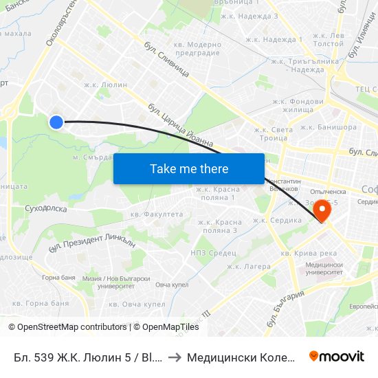 Бл. 539 Ж.К. Люлин 5 / Bl. 539, Lyulin 5 Qr. (0108) to Медицински Колеж ""Й. Филаретова"" map