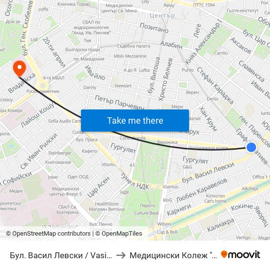 Бул. Васил Левски / Vasil Levski Blvd. (0299) to Медицински Колеж ""Й. Филаретова"" map