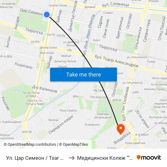 Ул. Цар Симеон / Tsar Simeon St. (2248) to Медицински Колеж ""Й. Филаретова"" map