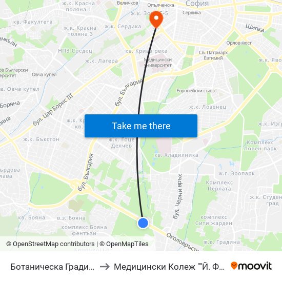 Ботаническа Градина (2685) to Медицински Колеж ""Й. Филаретова"" map