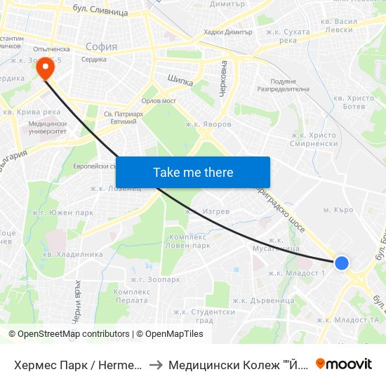 Хермес Парк / Hermes Park (2593) to Медицински Колеж ""Й. Филаретова"" map