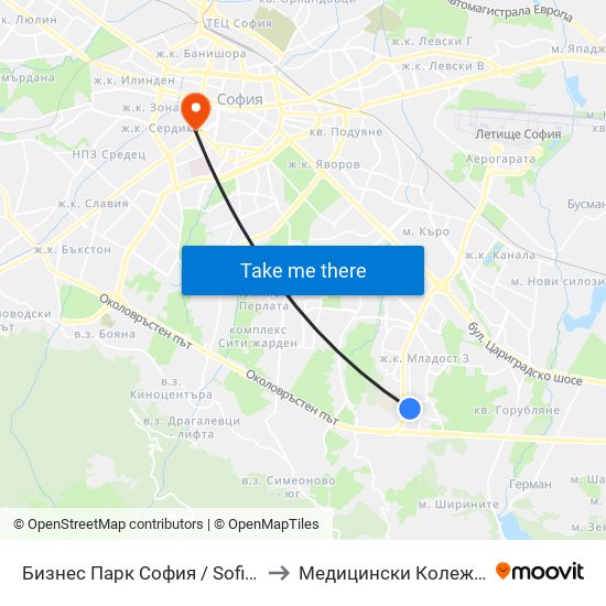 Бизнес Парк София / Sofia Business Park (2391) to Медицински Колеж ""Й. Филаретова"" map