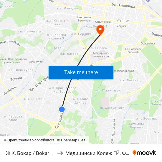 Ж.К. Бокар / Bokar Qr. (2688) to Медицински Колеж ""Й. Филаретова"" map