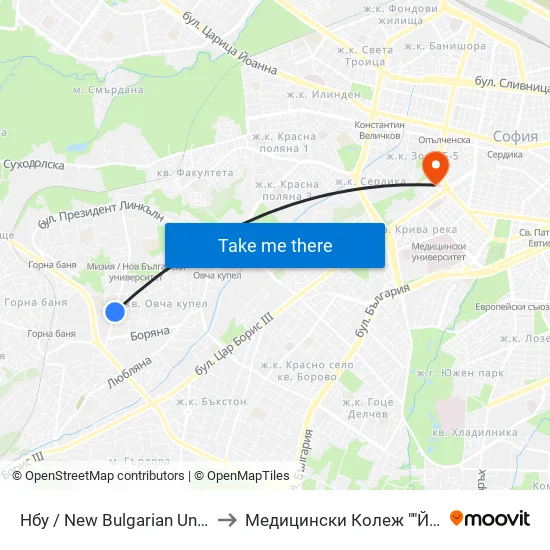 🎓 Нбу / New Bulgarian University (0067) to Медицински Колеж ""Й. Филаретова"" map