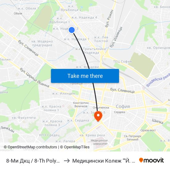 8-Ми Дкц / 8-Th Polyclinic (0044) to Медицински Колеж ""Й. Филаретова"" map