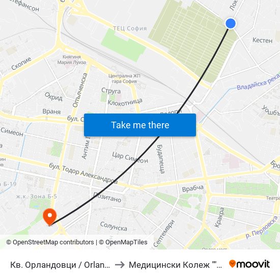 Кв. Орландовци / Orlandovtsi Qr. (0884) to Медицински Колеж ""Й. Филаретова"" map