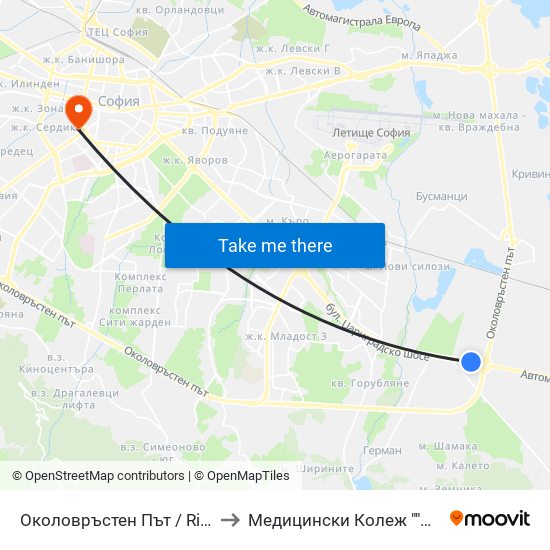 Околовръстен Път / Ring Road (1184) to Медицински Колеж ""Й. Филаретова"" map