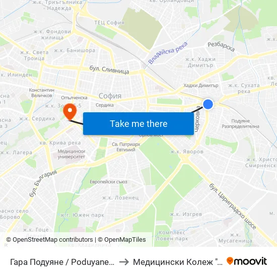 Гара Подуяне / Poduyane Train Station (0472) to Медицински Колеж ""Й. Филаретова"" map