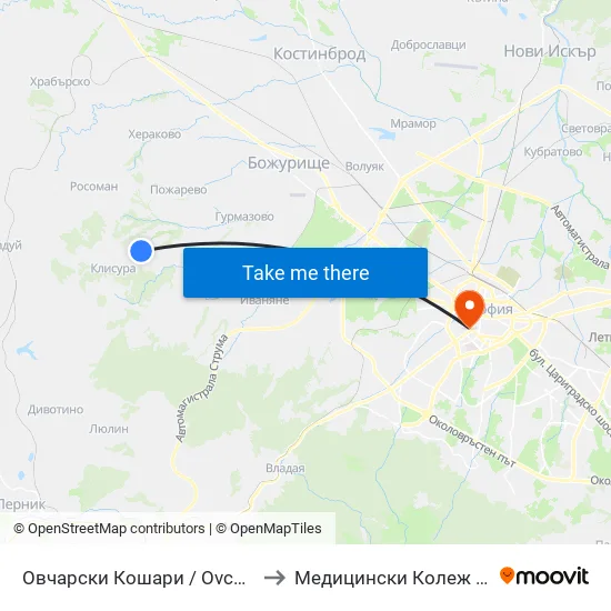 Овчарски Кошари / Ovcharski Koshari (1167) to Медицински Колеж ""Й. Филаретова"" map