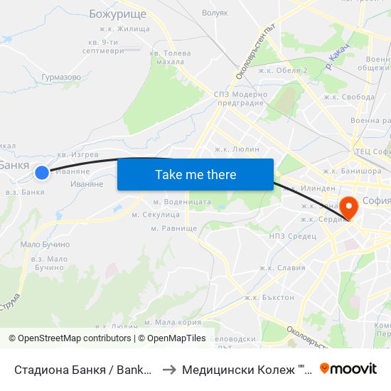 Стадиона Банкя / Bankya Stadium (1619) to Медицински Колеж ""Й. Филаретова"" map