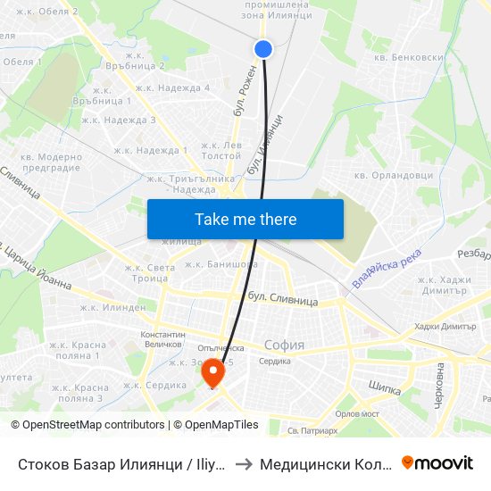 Стоков Базар Илиянци / Iliyantsi Commodity Market (0754) to Медицински Колеж ""Й. Филаретова"" map