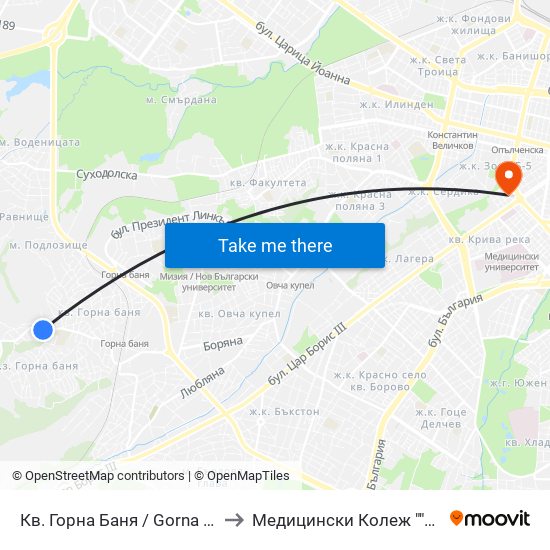 Кв. Горна Баня / Gorna Banya Qr. (0829) to Медицински Колеж ""Й. Филаретова"" map