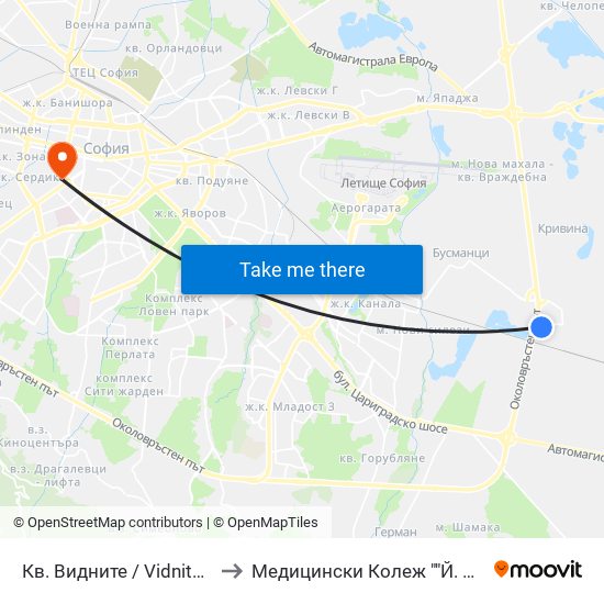 Кв. Видните / Vidnite Qr. (0819) to Медицински Колеж ""Й. Филаретова"" map