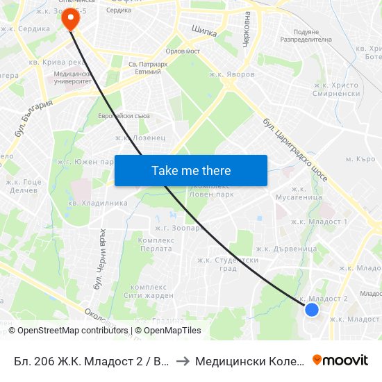 Бл. 206 Ж.К. Младост 2 / Bl. 206, Mladost 2 Qr. (0161) to Медицински Колеж ""Й. Филаретова"" map
