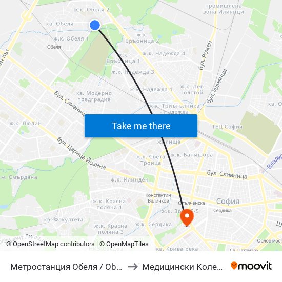 Метростанция Обеля / Obelya Metro Station (6241) to Медицински Колеж ""Й. Филаретова"" map