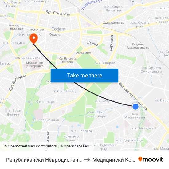 Републикански Невродиспансер / National Neurology Clinic (0492) to Медицински Колеж ""Й. Филаретова"" map