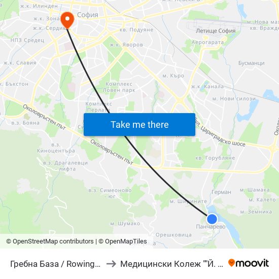 Гребна База / Rowing Base (0505) to Медицински Колеж ""Й. Филаретова"" map