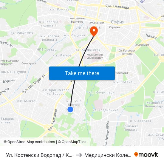 Ул. Костенски Водопад / Kostenski Vodopad St. (6278) to Медицински Колеж ""Й. Филаретова"" map