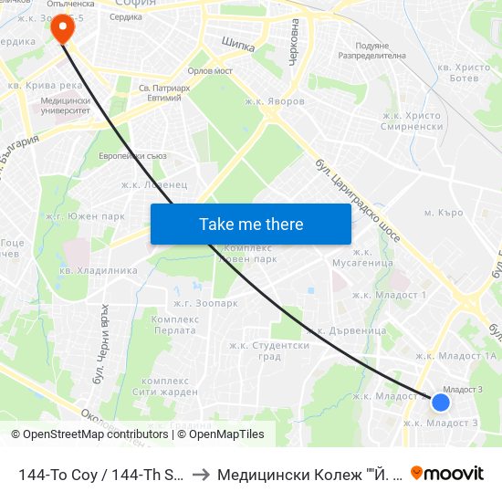 144-То Соу / 144-Th School (2273) to Медицински Колеж ""Й. Филаретова"" map