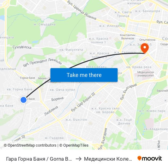 Гара Горна Баня / Gorna Banya Train Station (0480) to Медицински Колеж ""Й. Филаретова"" map