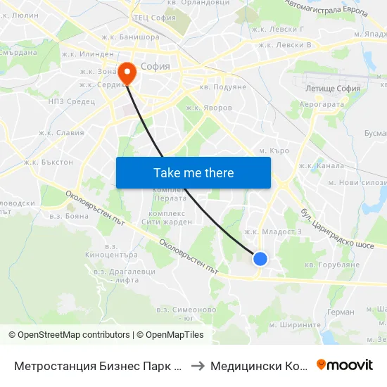Ⓜ️ Метростанция Бизнес Парк / Business Park Metro Station (2373) to Медицински Колеж ""Й. Филаретова"" map