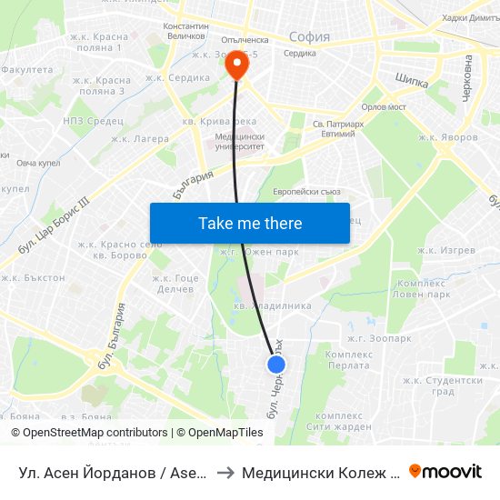 Ул. Асен Йорданов / Asen Yordanov St. (0783) to Медицински Колеж ""Й. Филаретова"" map